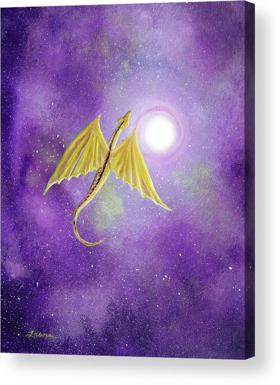 Dragon Acrylic Print featuring the painting Golden Dragon Soaring in Purple Cosmos by Laura Iverson