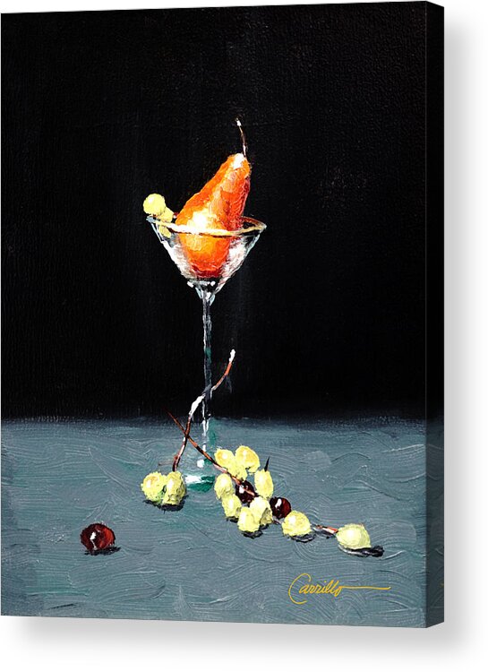 Still Life Of Golden Pear In Martini Glass Surrounded By Grapes Acrylic Print featuring the painting Golden Pear Martini by Ruben Carrillo
