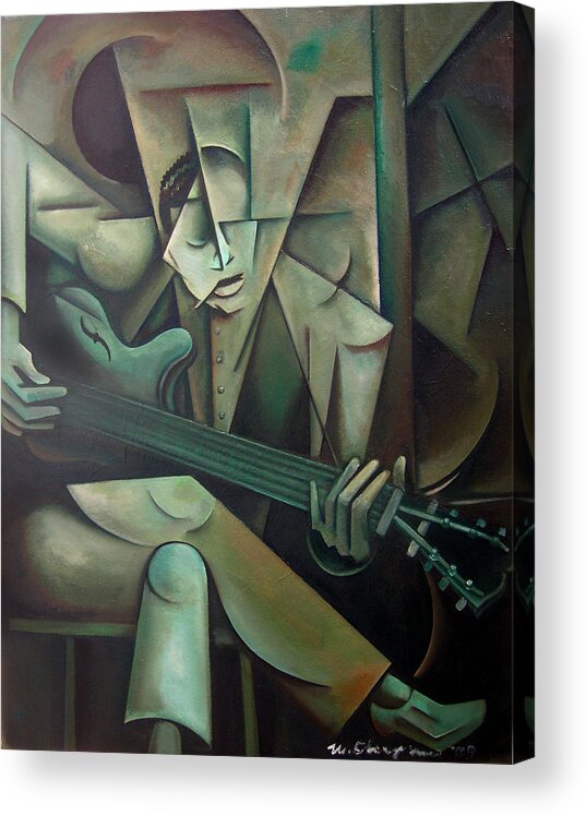 Grant Green Jazz Guitar Cubism Acrylic Print featuring the painting Grant's Greens by Martel Chapman