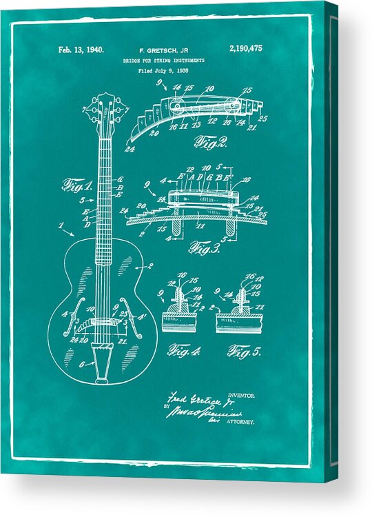 Guitar Acrylic Print featuring the photograph Gretsch Guitar Bridge Patent 1940 Green by Bill Cannon