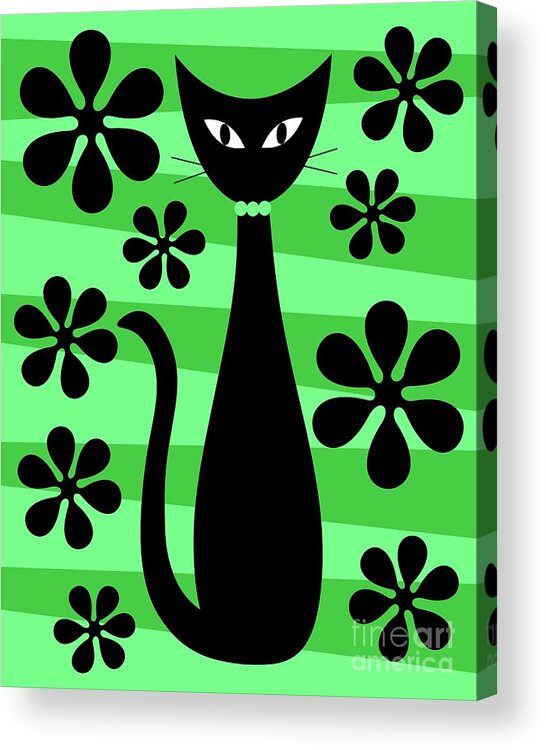 Donna Mibus Acrylic Print featuring the digital art Groovy Flowers with Cat Green and Light Green by Donna Mibus