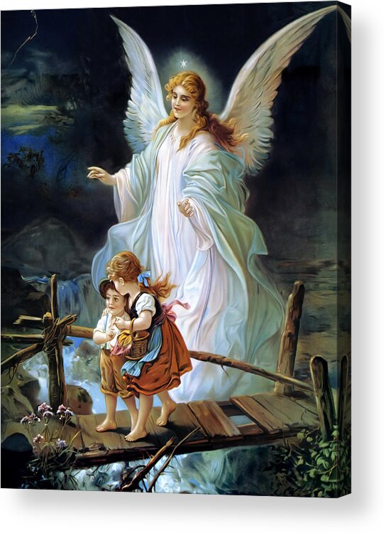 Angel Acrylic Print featuring the painting Guardian Angel Watching Over Children On Bridge by Lindberg
