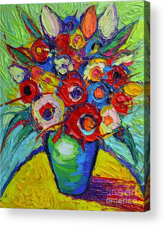 Abstract Acrylic Print featuring the painting Happy Bouquet Of Poppies And Colorful Wildflowers On Round Yellow Table Impasto Abstract Flowers by Ana Maria Edulescu