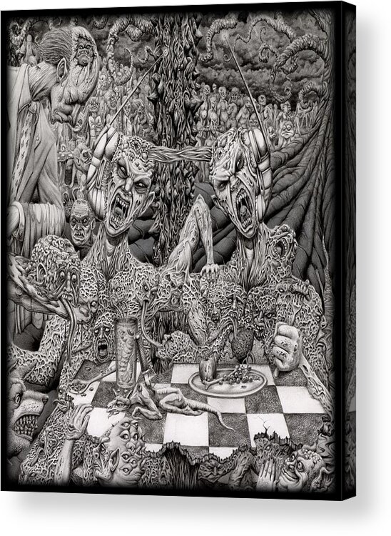 Graphite Drawing Creatures Monstrosity Gore Hell Food Dinner Diner Mutation Psychosis Mentally Deranged Greyscale Surreal Detailed Horror Acrylic Print featuring the drawing Nightmare Diner by Mark Cooper