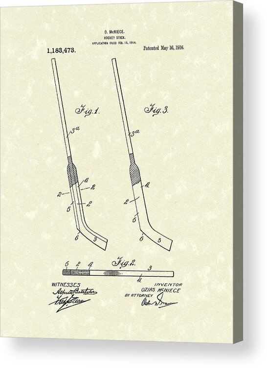 Hockey Acrylic Print featuring the drawing Hockey Stick McNiece 1916 Patent Art by Prior Art Design
