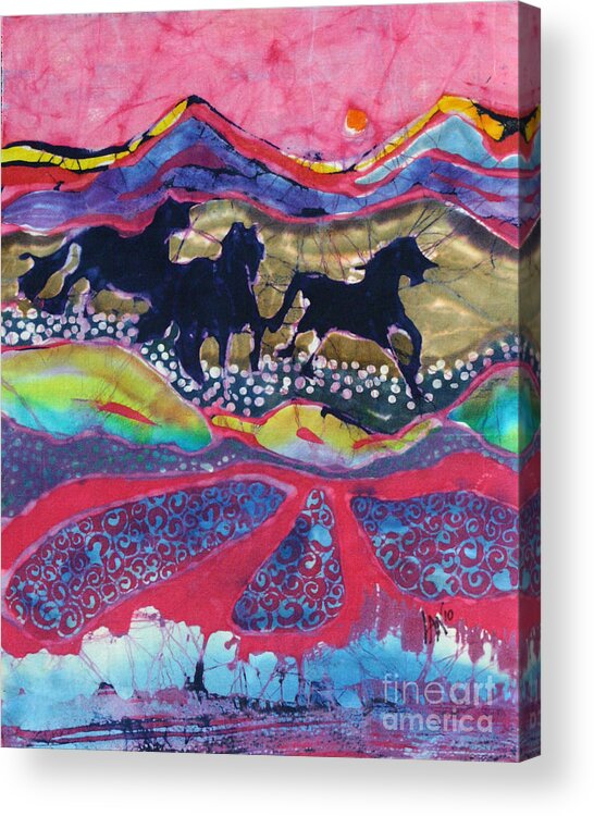  Batik Acrylic Print featuring the tapestry - textile Horses Running Thru a Stream by Carol Law Conklin