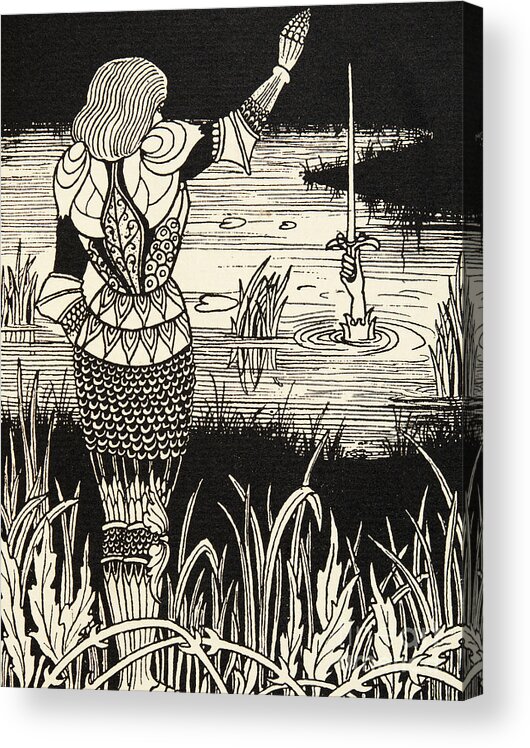 Lady Of The Lake Acrylic Print featuring the drawing How Sir Bedivere Cast the Sword Excalibur into the Water by Aubrey Beardsley