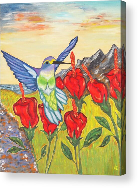 Hummingbird Acrylic Print featuring the painting Nectar of Life - Hummingbird by Neslihan Ergul Colley