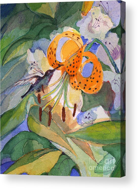 Floral Scene Acrylic Print featuring the painting Hummingbird with Flowers by Nancy Watson