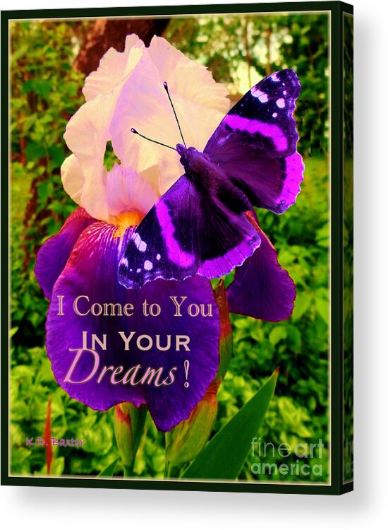 Tiger Longwing Heliconius Butterfly Flying Siberian Iris Deep Purple Light Purple Butterfly Works Flower Works Nature Scene Spiritual Symbol After Death Communication Ethereal Works Photo Painting And Manipulation Spiritual Inspirational Work With Text Acrylic Print featuring the painting I Come to You in Your Dreams with Text by Kimberlee Baxter