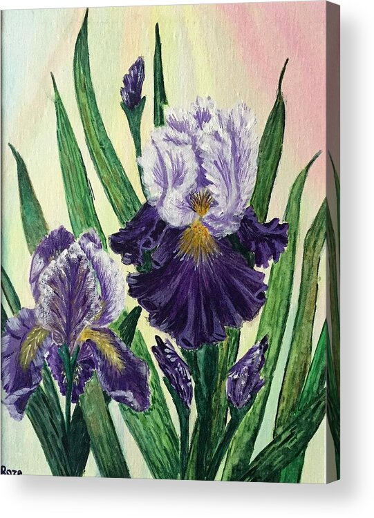 Green Iris PRINT Flowers Blue Print of Original Watercolor Painting Purple 