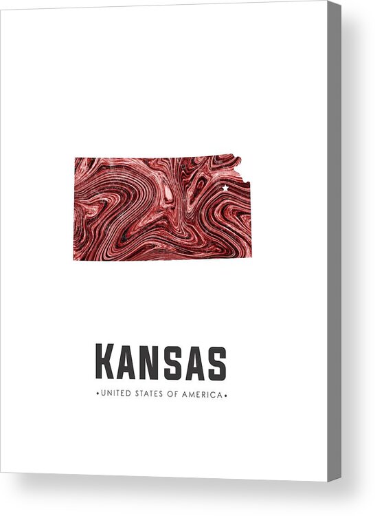 Kansas Acrylic Print featuring the mixed media Kansas Map Art Abstract in Deep Red by Studio Grafiikka