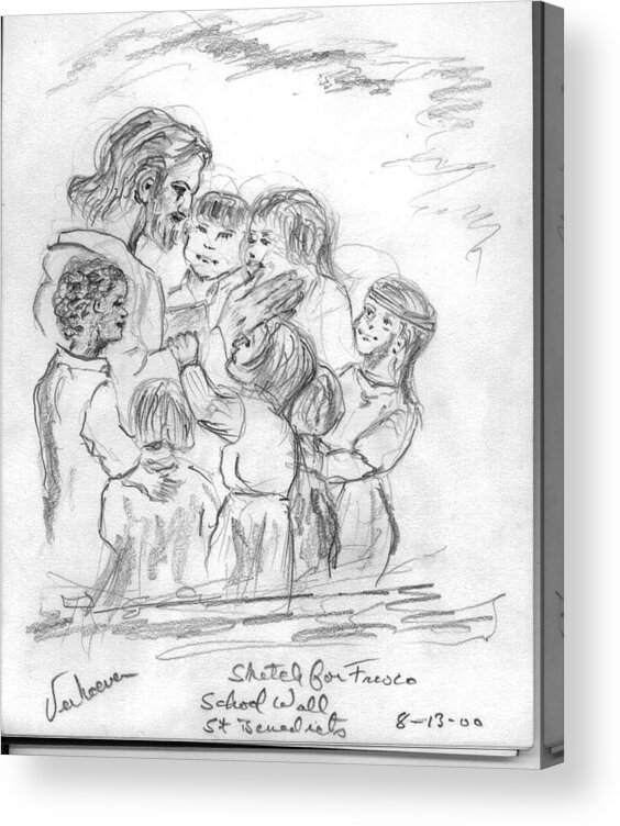 Sketch Jesus Chldren Religious Acrylic Print featuring the drawing Keep not the children from me by Alfred P Verhoeven