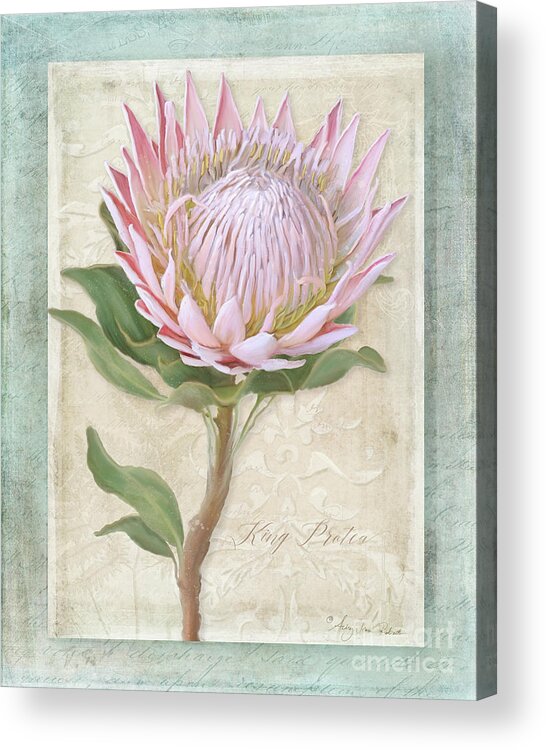 Botanical Floral Acrylic Print featuring the painting King Protea Blossom - Vintage Style Botanical Floral 1 by Audrey Jeanne Roberts