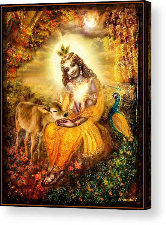 Krishna Acrylic Print featuring the painting Krishna with the Calf by Ananda Vdovic