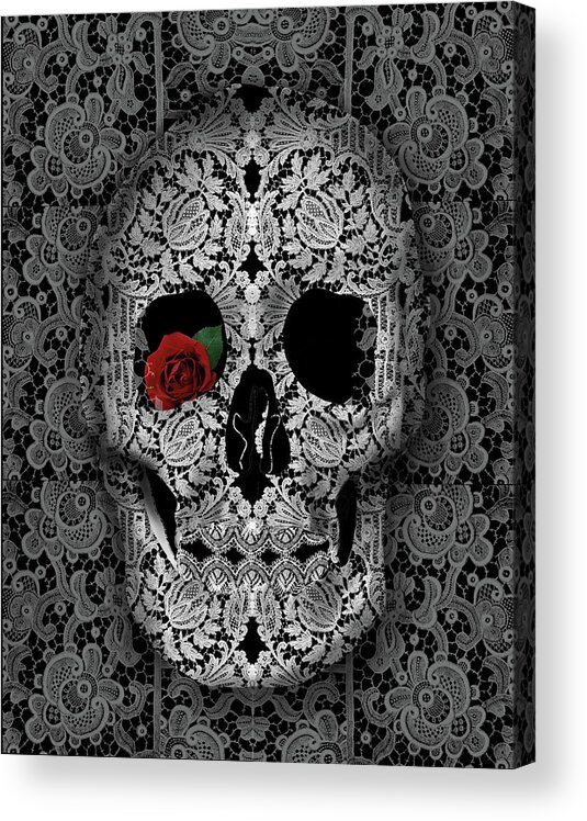 Skull Acrylic Print featuring the painting Lace Skull Black by Bekim M