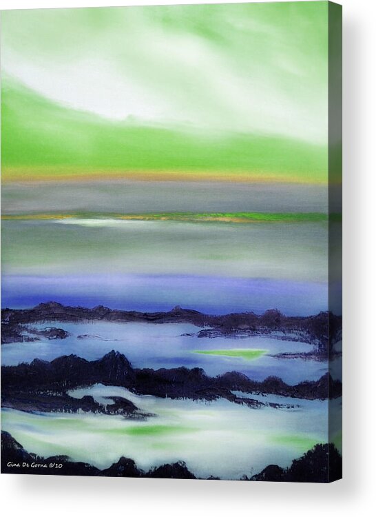 Sunset Acrylic Print featuring the painting Lava Rock Abstract Sunset in Blue and Green by Gina De Gorna