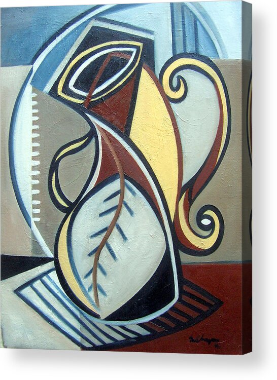 Still Life Vase Pot Blue Yellow Burnt Sienna Acrylic Print featuring the painting Leaf Vase by Martel Chapman