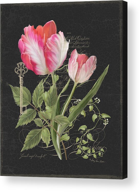 Black Background Acrylic Print featuring the painting Les Fleurs Magnifiques en Noir - Parrot Tulips Vintage Style by Audrey Jeanne Roberts