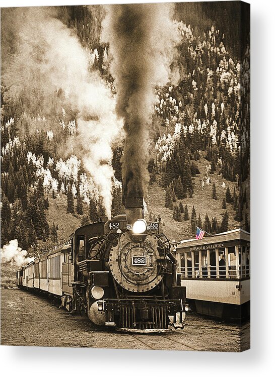 Train Acrylic Print featuring the photograph Locomotive To The Past Sepia, Durango Silverton Narrow Gauge, Colorado by Don Schimmel