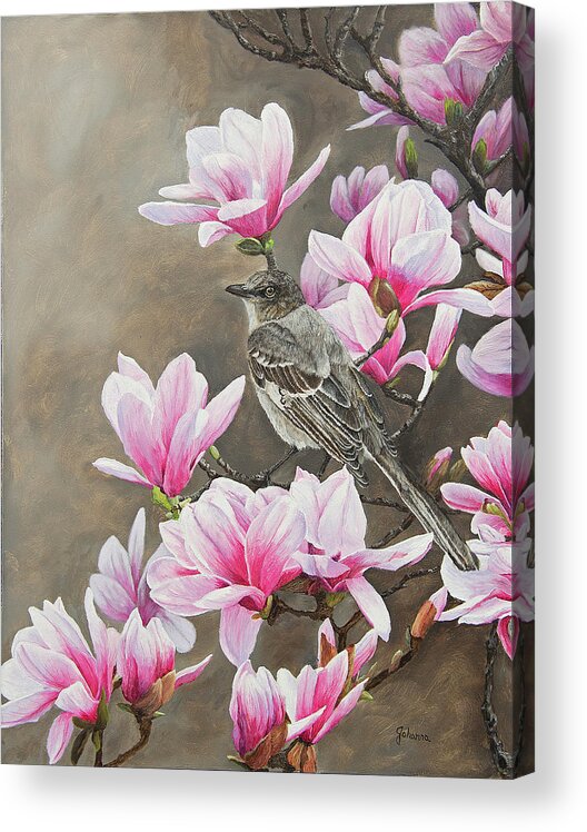 Song Bird Acrylic Print featuring the painting Magnolias And Mockingbird by Johanna Lerwick