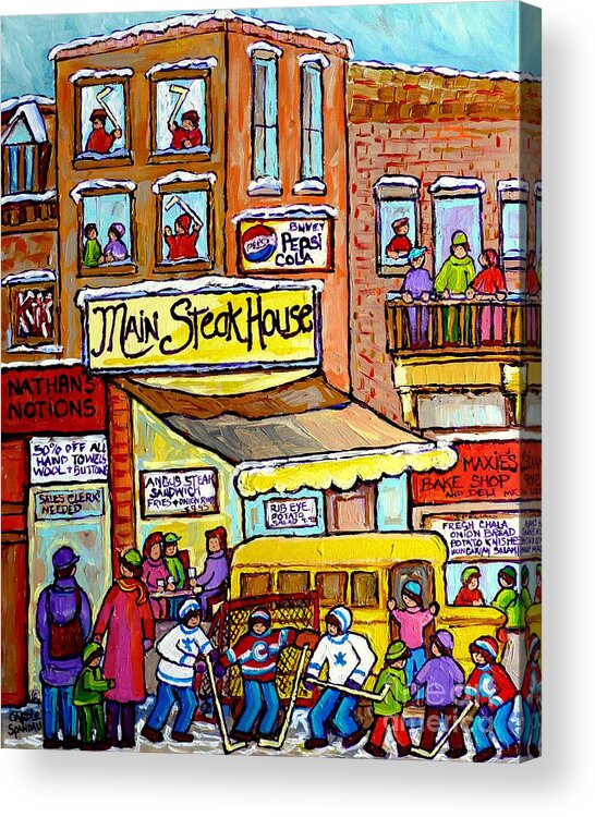 Montreal Acrylic Print featuring the painting Main Steakhouse Montreal Memoriesjewish Inner City Scene Hockey Art Carole Spandau Winter Paintings by Carole Spandau