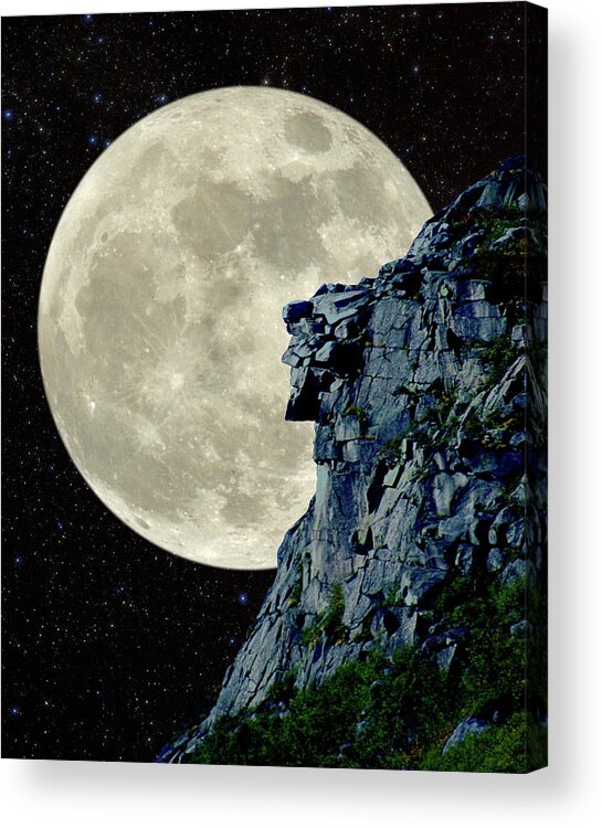Old Man Old Man Of The Mountain Nh New Hampshire Moon Full Moon Lunar Astronomy Composite Acrylic Print featuring the photograph Man in the Moon Meets Old Man of the Mountain Vertical by Larry Landolfi