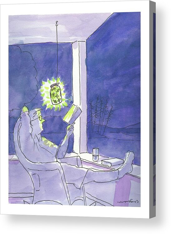 Book Acrylic Print featuring the drawing Man reads by the light of fireflies. by Michael Crawford