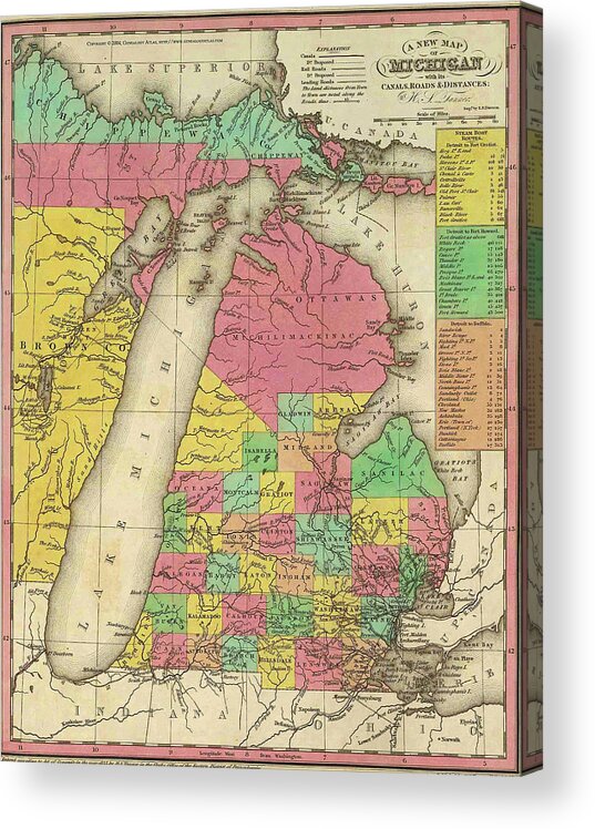 Map Acrylic Print featuring the drawing Map of Michigan 1836 by Mountain Dreams