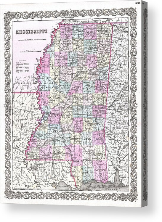 Joseph Hutchins Colton Acrylic Print featuring the drawing Map of Mississippi by Joseph Hutchins Colton