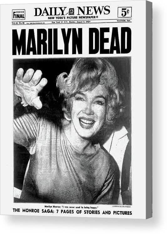 Marilyn Dead headline New York Daily News August 4 1962 Acrylic Print by David  Lee Guss - Pixels