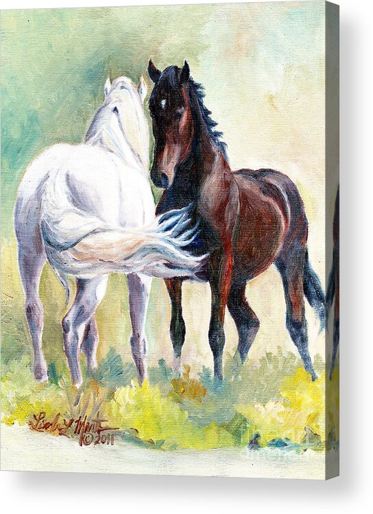 Stallions Acrylic Print featuring the painting Meet and Greet by Linda L Martin