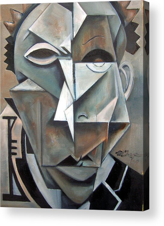 Miles Davis Jazz Trumpet Cubist Cubism Portrait Acrylic Print featuring the painting Miles Mask by Martel Chapman