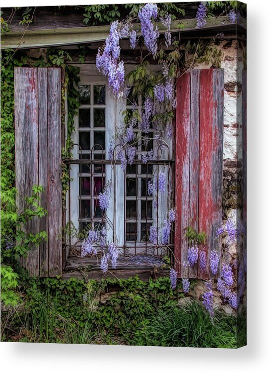 Pleasant Mills Acrylic Print featuring the photograph Mill Window Framed By Wisteria by Kristia Adams