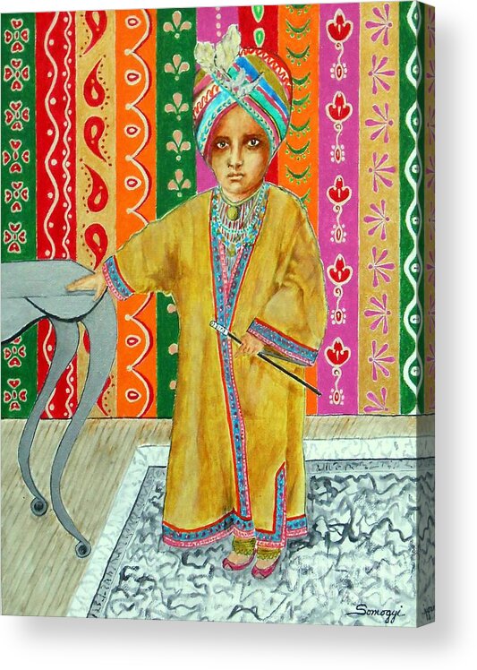 Indian Prince Acrylic Print featuring the painting Mini Maharajah --3-yr-old Indian monarch by Jayne Somogy