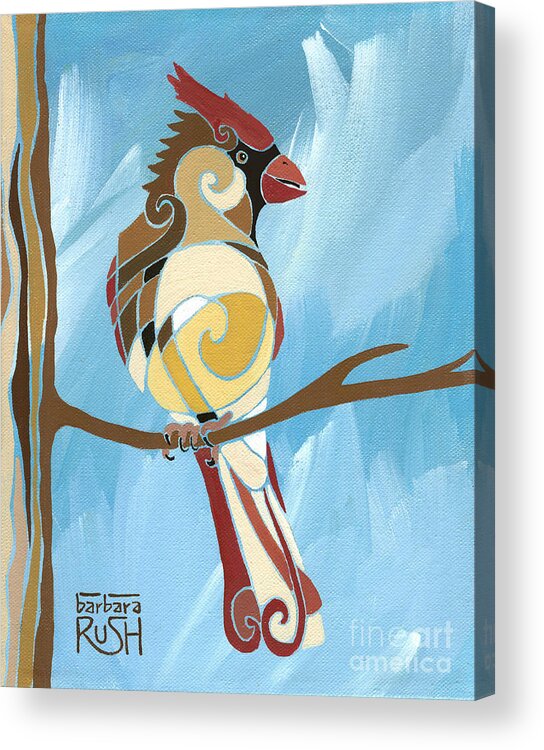 Contemporary Cardinal Painting Acrylic Print featuring the painting Moms Day Off female cardinal painting by Barbara Rush