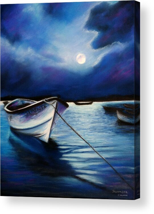 Scotland Moon Moonlight Moonlit Boat Lake Loch Quiet Still Blue Purple Aqua Water Spooky Highlands Acrylic Print featuring the pastel Moonlit by Brenda Salamone