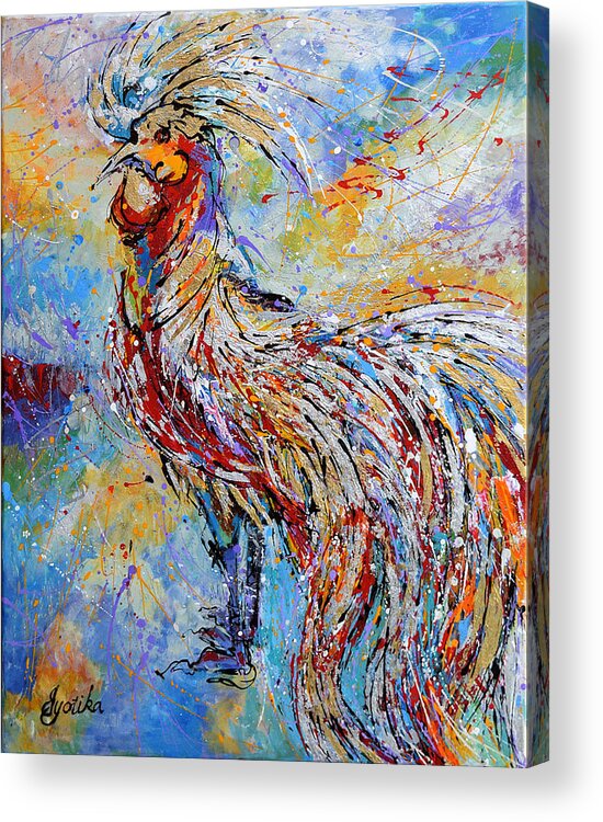 Long Tail Rooster Acrylic Print featuring the painting Morning Call by Jyotika Shroff