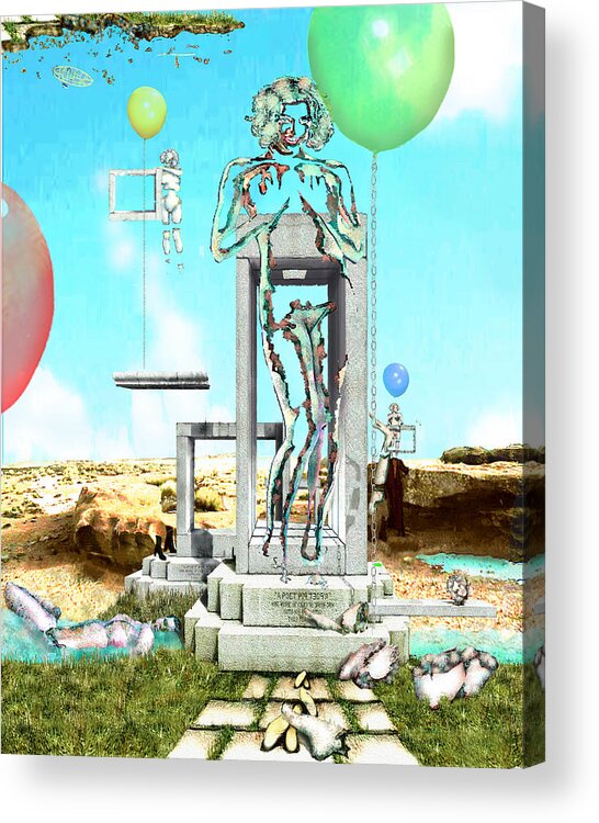 Surreal Figs In A Surreal Landscapes Acrylic Print featuring the digital art Moving from stone to Bronze with Balloons by Leo Malboeuf