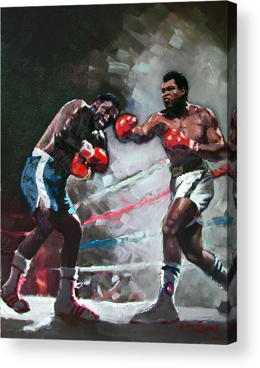 Muhammad Ali Acrylic Print featuring the painting Muhammad Ali and Joe Frazier by Ylli Haruni