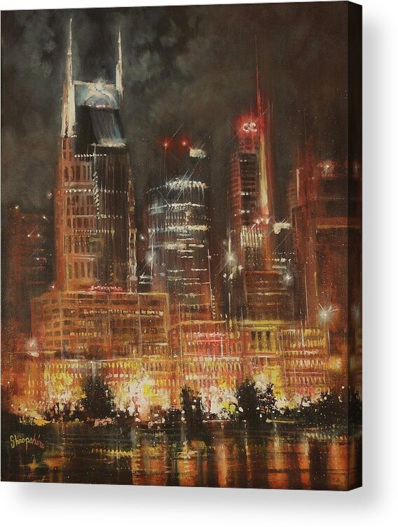 Nashville Acrylic Print featuring the painting Nashville Nights by Tom Shropshire