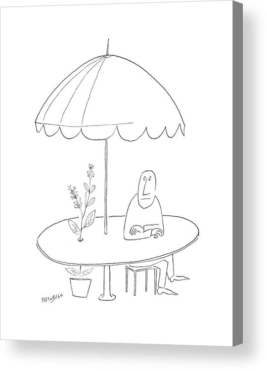 97348 Sst Saul Steinberg (man Sitting At Table Appears To Be Coming Right Through The Table. A Plant Grows Through A Hole In The Table.) Abstract Absurd Appears Cafe Coming Conceptual Dining Fantastic Fantasy Grows Hole Illusion Irony Life Man Modern Optical Patio Plant Right Sitting Surreal Table Through Wait Waiting Acrylic Print featuring the drawing New Yorker July 18th, 1953 by Saul Steinberg
