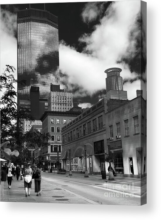 Architecture Acrylic Print featuring the photograph Nicollet Mall Minneapolis Black White by Wayne Moran