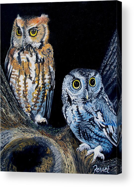 Owls Acrylic Print featuring the painting Night Owls by Ferrel Cordle