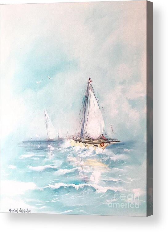 Ocean Blues Water Sea Sailing Ship Boat Wave Blue White Harbor Seascape Sky Cloud Acrylic On Canvas Print Painting Acrylic Print featuring the painting Ocean blues by Miroslaw Chelchowski