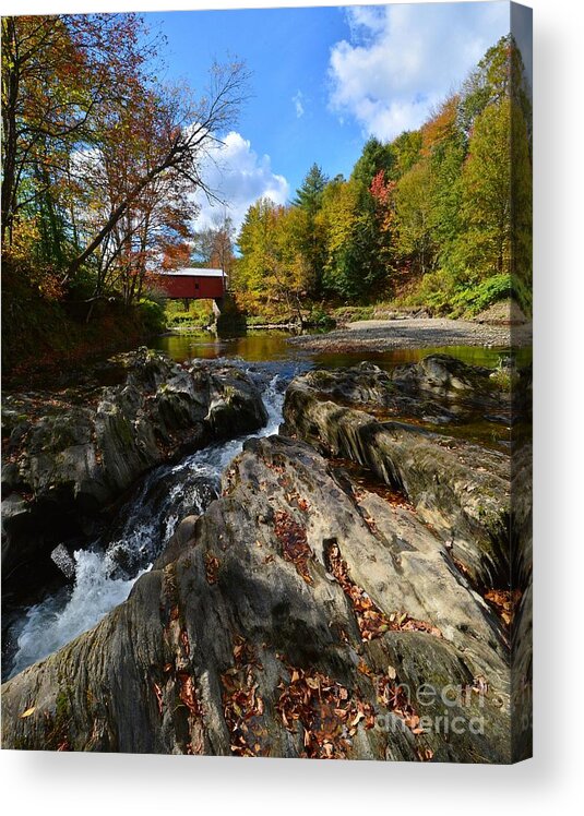 Slaughterhouse Covered Bridge Acrylic Print featuring the photograph October in Vermont by Steve Brown