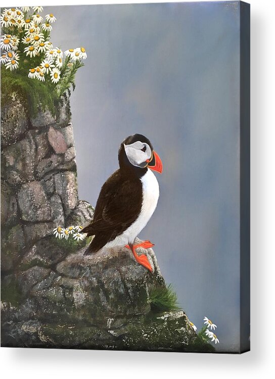 Puffin Acrylic Print featuring the painting On The Edge by Marlene Little