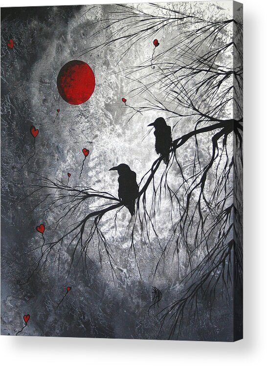 Birds Acrylic Print featuring the painting Original Abstract Surreal Raven Red Blood Moon Painting The Overseers by MADART by Megan Duncanson