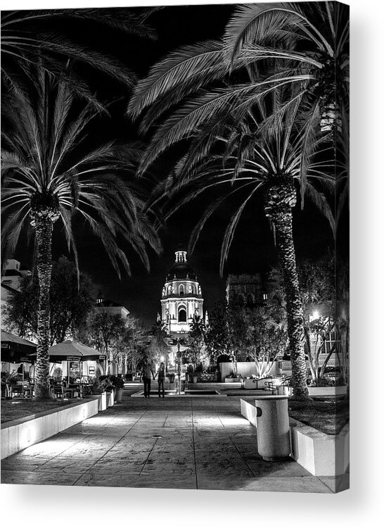 Pasadena Acrylic Print featuring the photograph Pasadena City Hall after Dark in Black and White by Randall Nyhof