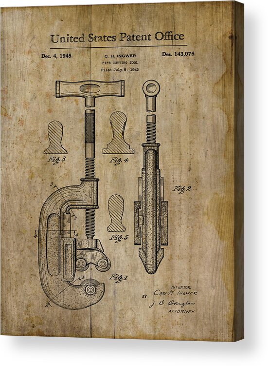 Patent Acrylic Print featuring the digital art Patent Art Pipe Cutter 1945 by Cynthia Decker